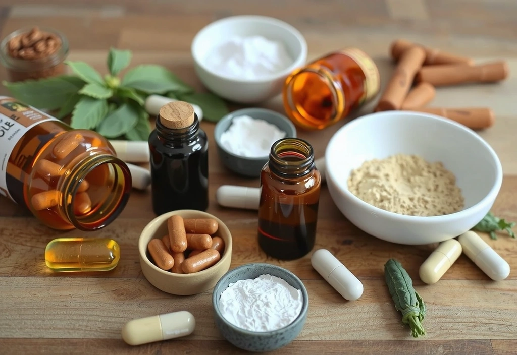 Vari integratori alimentari in capsule e polveri su una superficie di legno, con erbe sullo sfondo