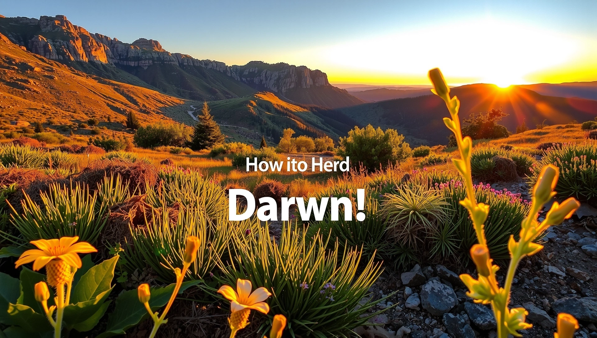 Panoramica idilliaca di un paesaggio naturale incontaminato con erbe selvatiche, fiori e una luce solare soffusa all'alba, che evoca serenità e benessere naturale